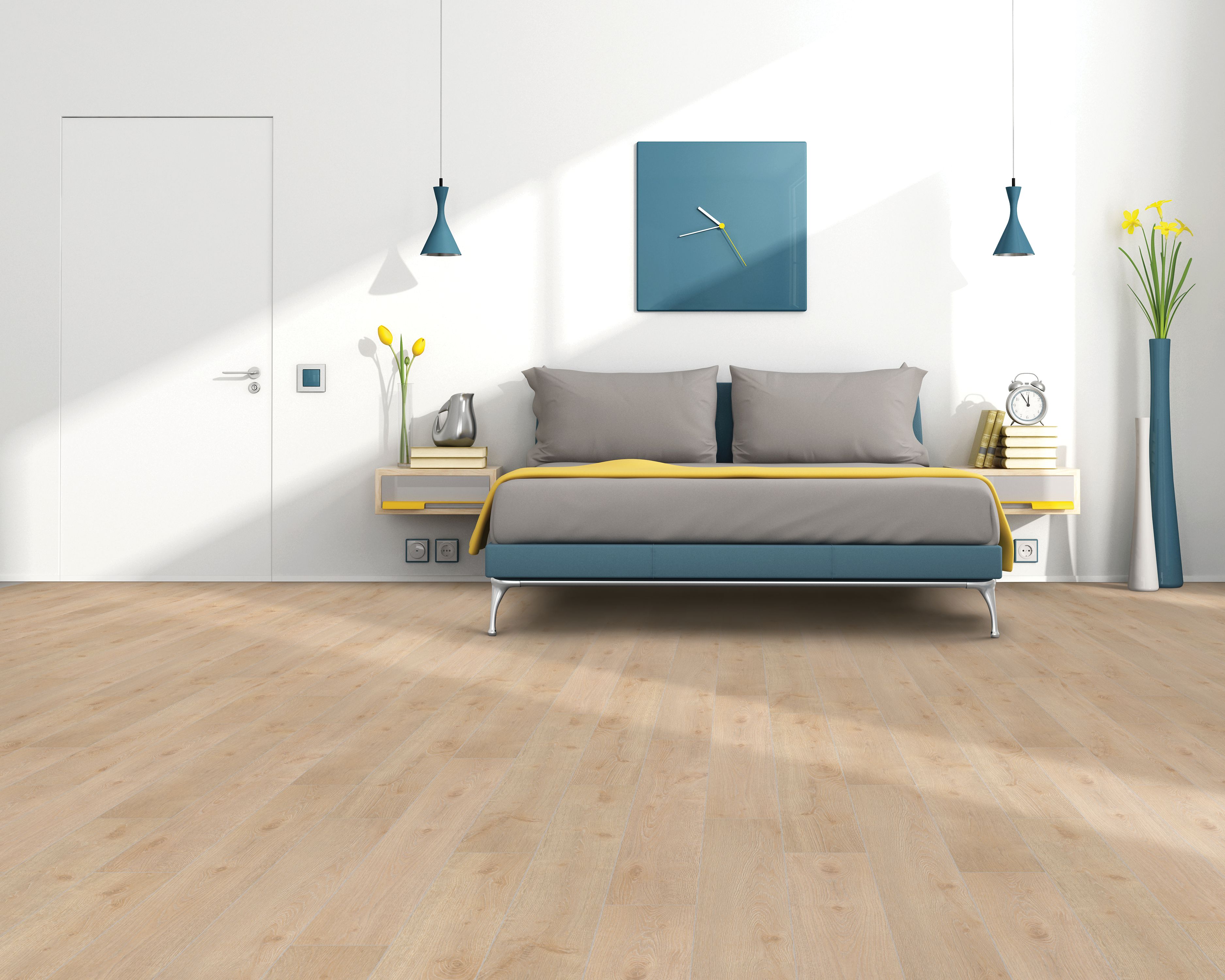 light brown laminate floors in modern minimalist bedroom