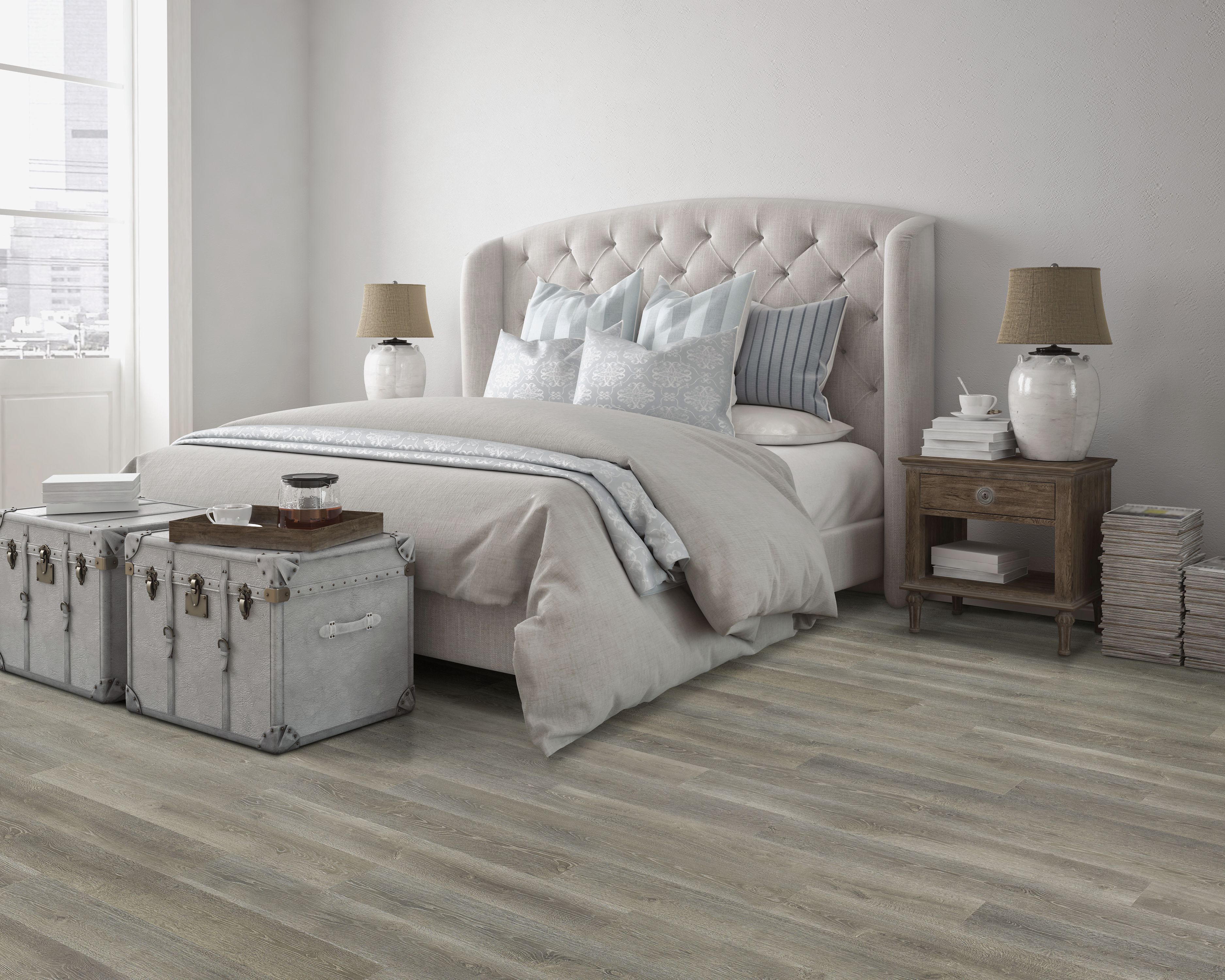 light grey laminate floors in a traditional style bedroom