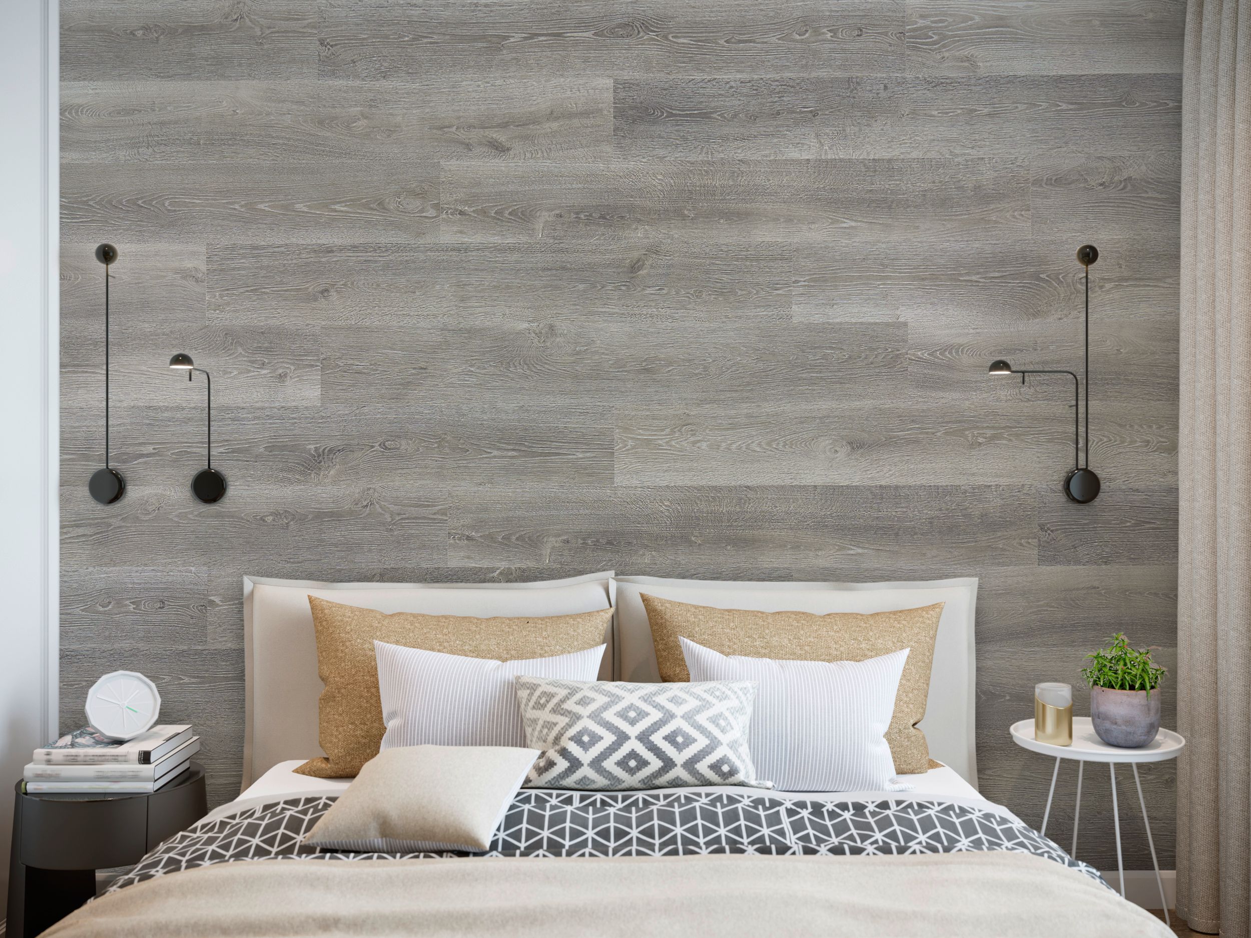 light grey wood accent wall in bedroom