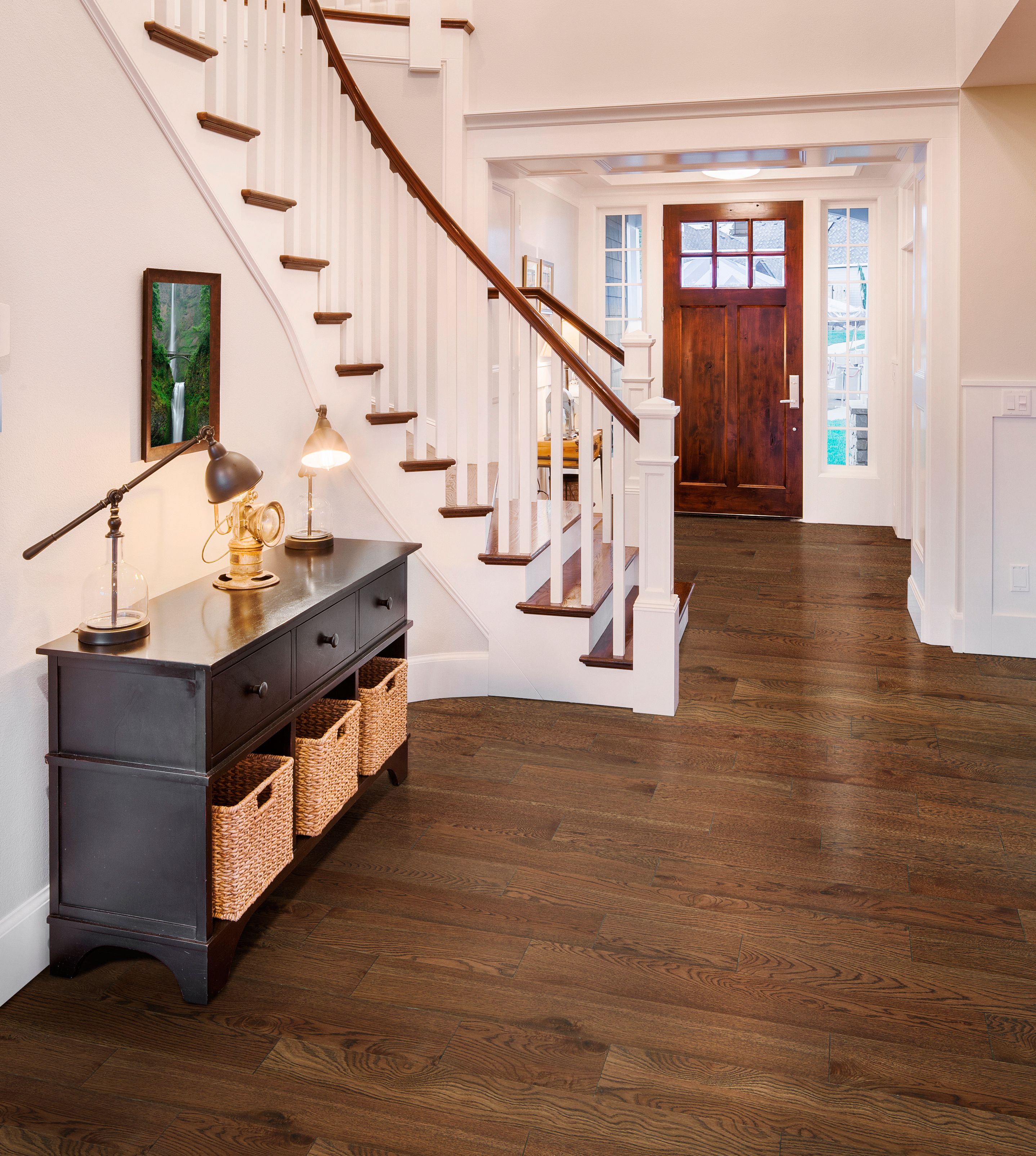 Chocolate brown hardwoods in home foyer